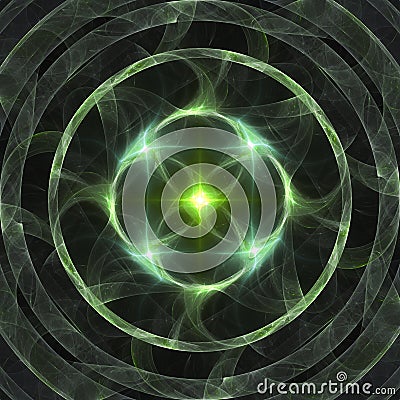 Abstract shining green star burning rings fractal banner or print background art Stock Photo