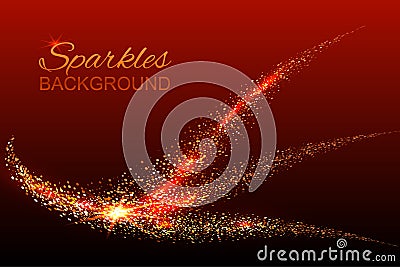 Abstract shiny color red wave design element with glitter effect on dark background. Vector Illustration