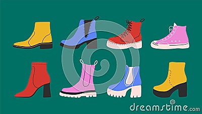 Abstract shoes icons. Hiking boots, sneakers, sport shoes, autumn spring footwear set. Hand drawn isolated vector Vector Illustration