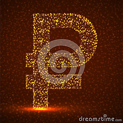 Abstract sign russian ruble of glowing particles. Neon financial symbol Cartoon Illustration