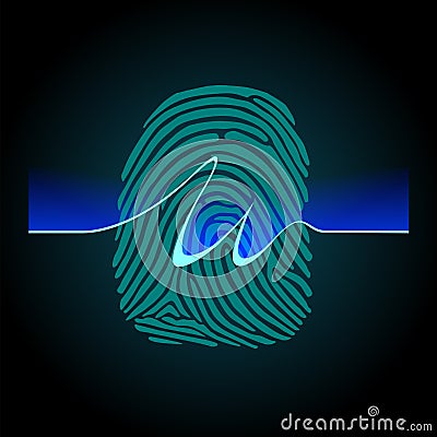 Abstract signature on fingerprint background, fingerprints scanning process - access control system, security Vector Illustration