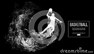 Abstract silhouette of a basketball player on dark black background. Basketball player jumping and performs slam dunk. Vector Illustration