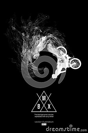 Abstract silhouette of a bmx rider on the dark, black background from particles. Bmx rider jumps and performs the trick. Vector Illustration