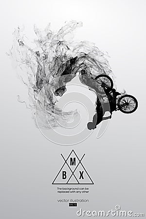 Abstract silhouette of a bmx rider on the white background from particles, dust. Bmx rider jumps and performs the trick. Vector Illustration