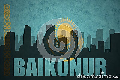 Abstract silhouette of the city with text Baikonur at the vintage kazakhstan flag Stock Photo