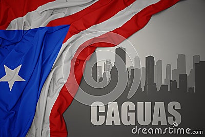Abstract silhouette of the city with text Caguas near waving national flag of puerto rico on a gray background. 3D illustration Cartoon Illustration