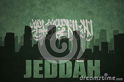 Abstract silhouette of the city with text Jeddah at the vintage saudi arabia flag Stock Photo