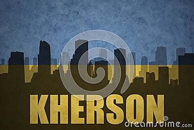 Abstract silhouette of the city with text Kherson at the vintage ukrainian flag Stock Photo