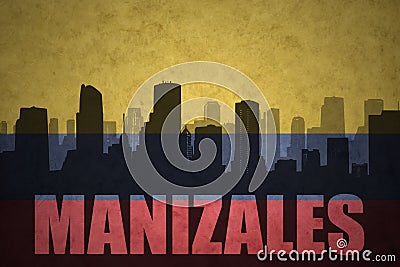 Abstract silhouette of the city with text Manizales at the vintage colombian flag Stock Photo