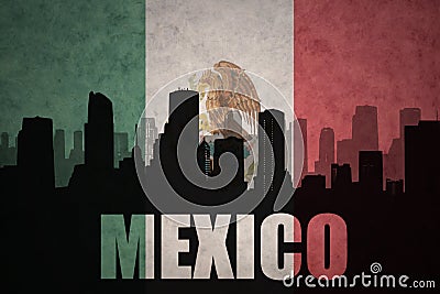 Abstract silhouette of the city with text Mexico at the vintage mexican flag Stock Photo