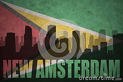 Abstract silhouette of the city with text New Amsterdam at the vintage guyana flag Stock Photo