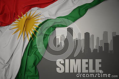 Abstract silhouette of the city with text Simele near waving national flag of kurdistan on a gray background.3D illustration Cartoon Illustration