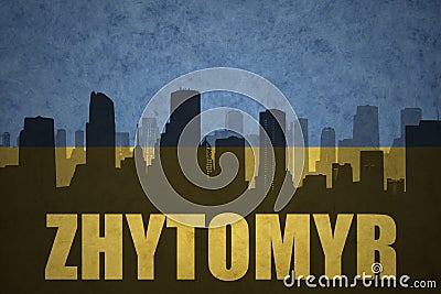 Abstract silhouette of the city with text Zhytomyr at the vintage ukrainian flag Stock Photo