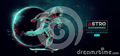 Abstract silhouette of a skateboarder astronaut in space action and Earth, Mars, planets on the background of the space Vector Illustration