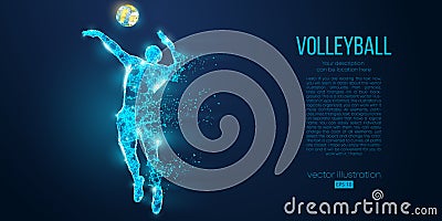 Abstract silhouette of volleyball player man, male with volleyball ball. Low poly neon wire outline geometric. Vector Vector Illustration