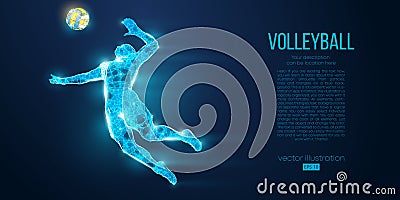 Abstract silhouette of volleyball player man, male with volleyball ball. Low poly neon wire outline geometric. Vector Vector Illustration