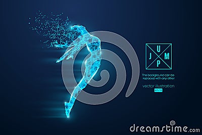 Abstract silhouette of a wireframe jumping woman. People in a jump symbolize freedom. Woman on the blue background Stock Photo