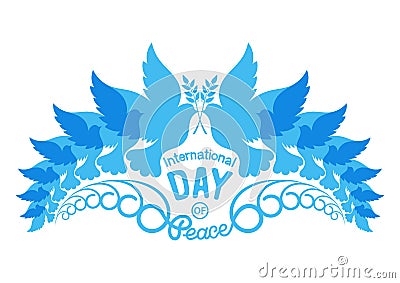 Abstract silhouettes of doves with olive brunch. Illustration of international peace day, September 21. Vector Illustration