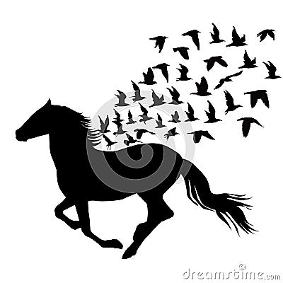 Abstract silhouettes of horse and birds flying Vector Illustration