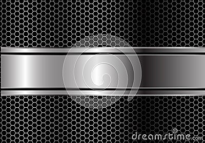 Abstract silver black line banner overlap on metal hexagon mesh design modern luxury futuristic background vector Vector Illustration