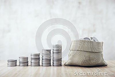 Abstract silver coins chart with bag Stock Photo