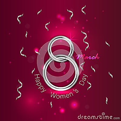 Abstract silver Greeting card.Silver number eight and glitter silver greeting on background.International Happy Women`s Day.8th o Vector Illustration