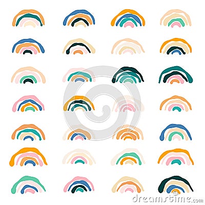 Abstract simple boho rainbows set. Tremulous hand drawn line arch collection. Scandinavian kids style elements for nursery Vector Illustration