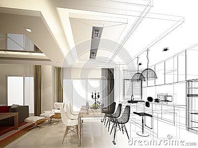 Abstract sketch design of interior dining and kitchen room ,3d Stock Photo