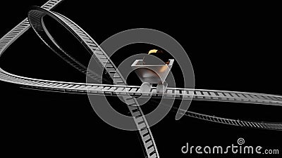 Abstract small silver cart with a brown sphere inside rolling on rails very fast. Design. Unusual small wagon with a Stock Photo