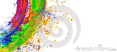 Abstract smear with finger made of multicolored pigment, isolated on white. Mixed bright eye shadow. Stock Photo