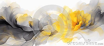 Abstract smokey black and gold background with floating flower in style marbled ink Stock Photo