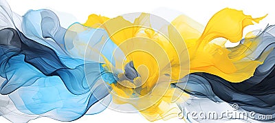 Abstract smokey blue and gold background with floating flower in style marbled ink Stock Photo