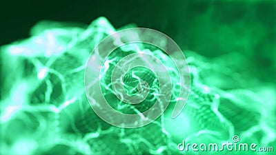 Abstract smokey luminous waving particles with depth of field. Dynamic flowing green strings particles. 4K Resolution Stock Photo