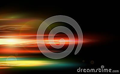 Abstract smooth red, blue, yellow motion light effect on dark background with fibres. High speed in night. Vector Illustration