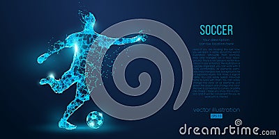 Abstract soccer player, footballer from particles on blue background. Low poly neon wireframe outline football player Vector Illustration