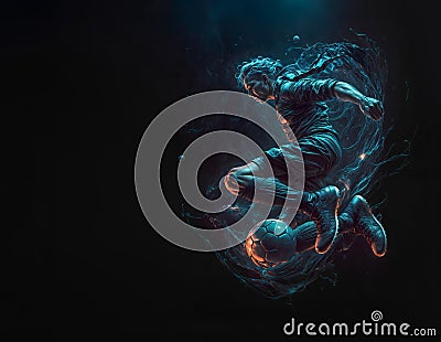 Abstract Soccer player jumping in Midair kicking a soccer ball and illuminated by a neon blue light. Copy space for text or design Stock Photo