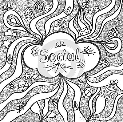 Abstract social cloud in doodle style black white for website banners and other things or for coloring page Vector Illustration