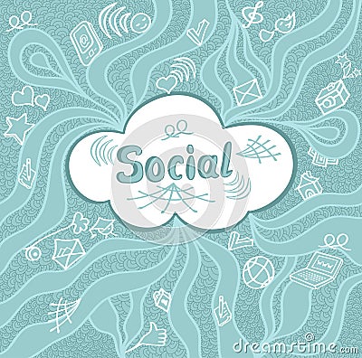 Abstract social cloud in doodle style on blue background Vector Illustration