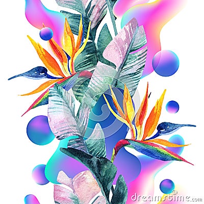 Abstract soft gradient blur, colorful fluid and geometric shapes, watercolor palm drawing. Stock Photo