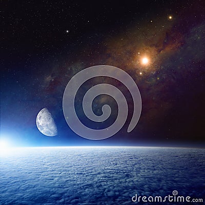 Abstract space background with Earth, moon and supernova Stock Photo