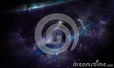 Abstract space illustration, 3d image, planets in space, the radiance of stars, satellites in the sky Cartoon Illustration