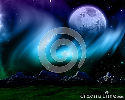 Abstract space scene with northern lights and fictional planet Stock Photo