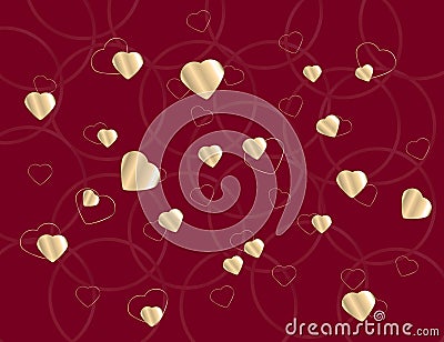 Abstract Sparkling Golden Harts on Red. Holiday Background. Vector Illustration