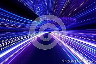 Abstract Speed light trails effect path, fast moving neon futuristic technology background, future virtual reality, motion effect Stock Photo