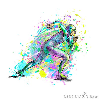 Abstract speed skaters from splash of watercolors. Winter sport Short track Vector Illustration