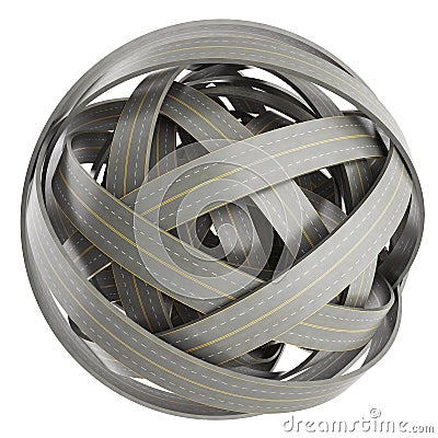 Abstract sphere of tangled roads, on white background. Cartoon Illustration