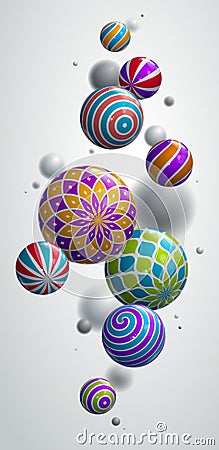 Abstract spheres vector background for phone, composition of flying balls decorated with patterns smartphone wallpaper, 3D mixed Vector Illustration