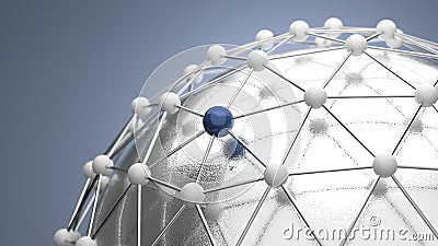 Abstract spherical network grid with connected spheres on blue background with bokeh Stock Photo