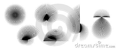 Abstract spiky elements set. Radial and spiral spokes objects collection. Thin thorn shapes and angular sunburst bundle Vector Illustration
