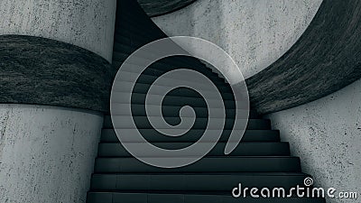 Abstract spiral black staircase with white walls, monochrome. Stock footage. Hypnotic movement along the black scary Stock Photo